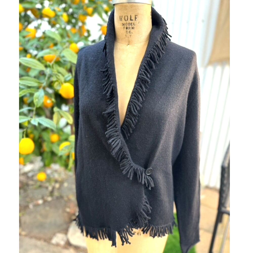 NWT Bloomingdales Black Cashmere Wrap Shawl Fringe LS Cardigan Sweater Size XL